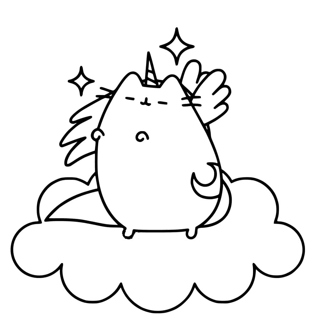 Pusheen on a cloud coloring page